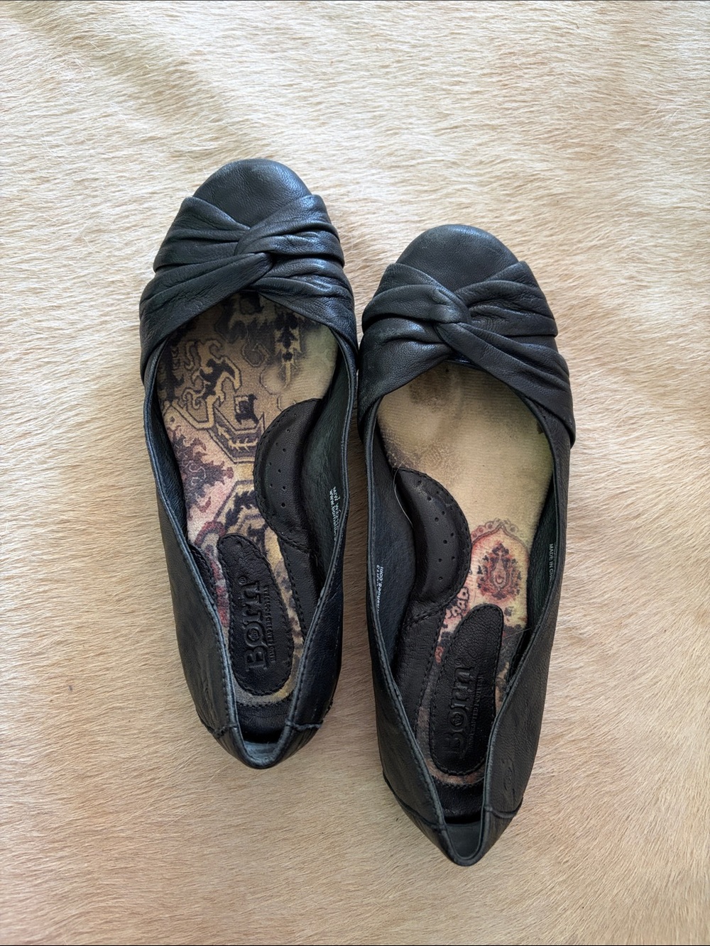 Born Black Knotted Leather Flats with Patterned Insole